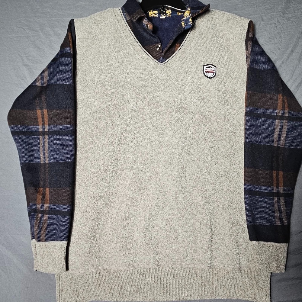 Bambini Mens Gray V Neck Sweater Vest Mock Layer Plaid Shirt Tag 3XL Fits M/L